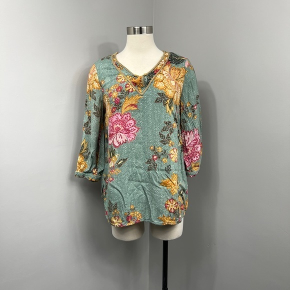 Soft Surroundings Teal Print Blouse